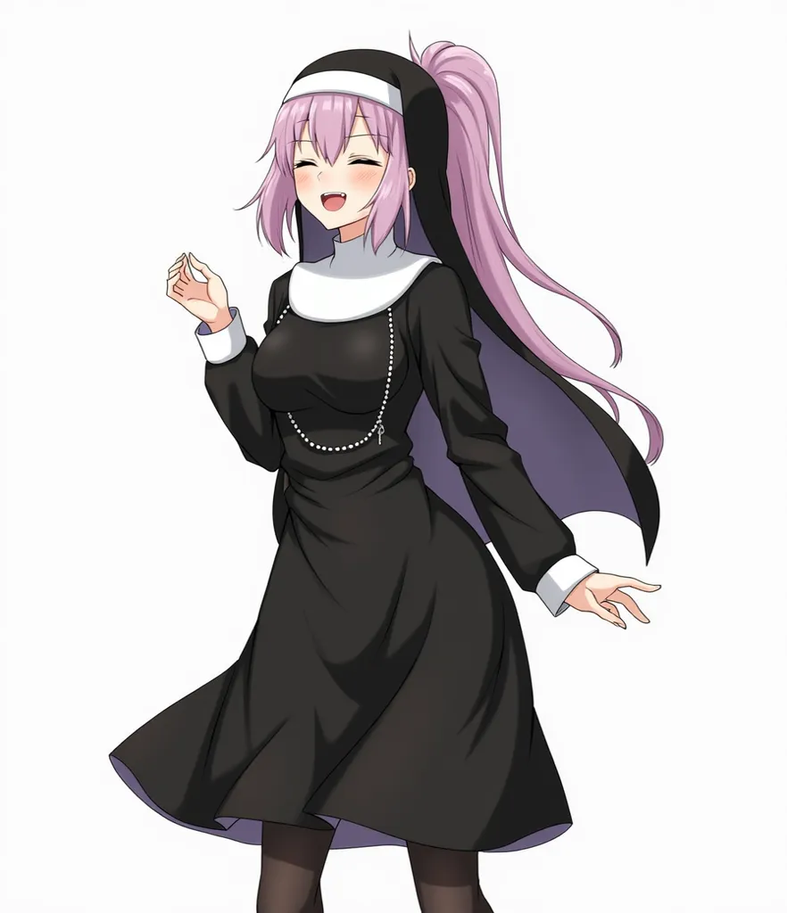  1 Girl , long hair, , 中等long hair  , ponytail, Smile, tooth, ,  Bare-Tooth Laughing , 露出下排tooth齒, 露出虎tooth,Yandere, Chest, Big breasts, nun costume , wearing rosary silver chain, Narrow skirt, Wide legs , stockings, Flats,Realism