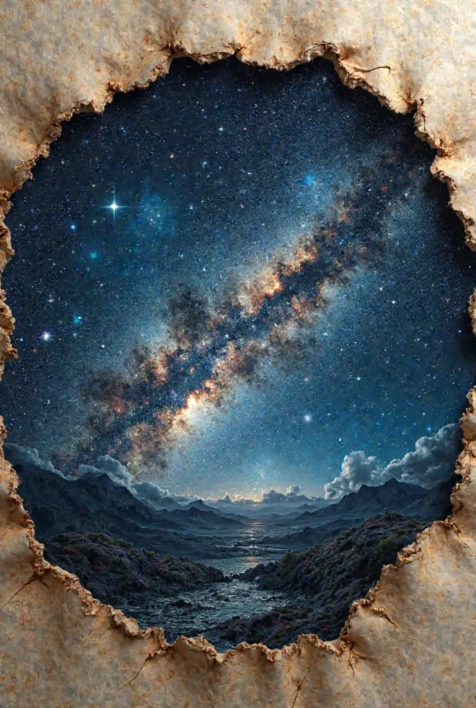 ((best quality)), ((masterpiece)), (detailed), torn circular paper hole frame, milkyway inside the frame