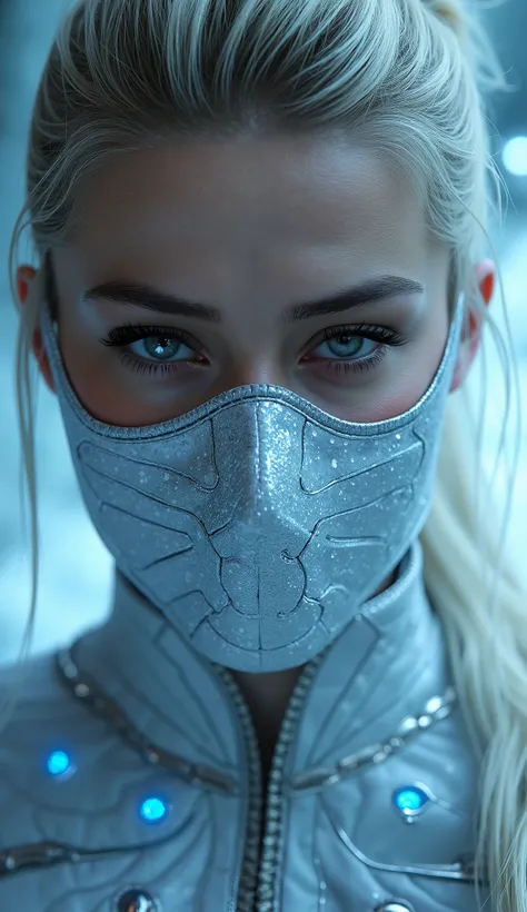 Here is a detailed prompt to generate an image ** super realistic** da Amber Heard como **Frost**, focused **only on the face**, with a very detailed and shiny white metallic mask, and an impactful background:
---
**"Close-up hiper-realista do rosto...