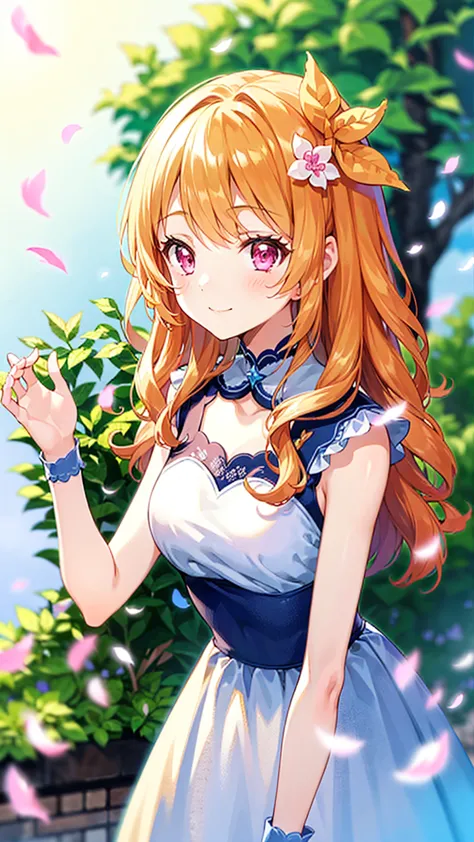 1 girl, Alone, long hair, looking towards the viewer, smile, bangs, simple background, hair ornaments close to the garden,  dress,  orange hair， flower, hair band,  Hair Flower, blunt bangs, pink eye（perfect detail）, white  dress,  petals, trogao,  