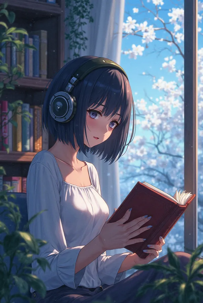 A young woman with short black hair, wearing large headphones and a white blouse, is reading a book during the daytime. She sits by a window with a spring-like scenery in the background, where the warm indoor light contrasts with the cool blue tones. A boo...