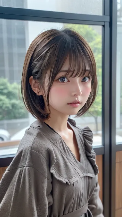 Hi-Res, Hi-Res,  Attention to Details ,, anatomically accurate,  sharp, gray bachairground、(( Japanese)), alone,snow-white shairin,fair shairin、Fuller lips、so cute、small breasts、small breasts、An ennui loohair、 Shapely breasts, mesh brown hair、twin tails fr...