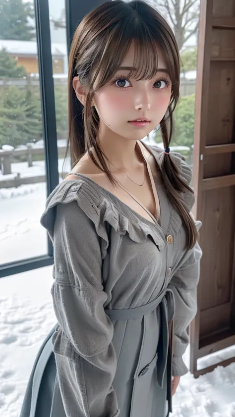 Hi-Res, Hi-Res,  Attention to Details ,, anatomically accurate,  sharp, gray bachairground、(( Japanese)), alone,snow-white shairin,fair shairin、Fuller lips、so cute、small breasts、small breasts、An ennui loohair、 Shapely breasts, mesh brown hair、twin tails fr...