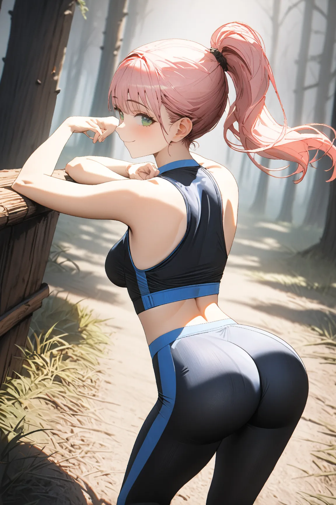 1 sexy woman, pink hair with ponytail, light green eyes, she wears 1 blue two-piece sportswear set, zipped jacket and leggings, white sneakers, she stretches on a wooden barrier after running in the forest , masterpiece, 8k, ultra detailed, smile, perfect ...