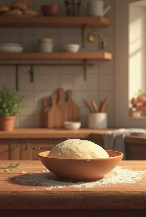 Create an image in which there is the background of a kitchen and in the foreground there is a bowl with a dough inside that is salted