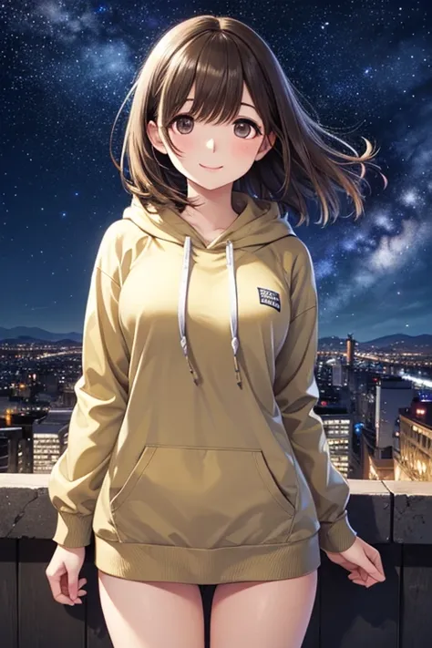 anegasaki nene、Shiny brown hair, (Beautiful brown eyes、Sparkling eyes, Fine grain)、smile、Ultra-detailed eyes、Highly detailed face, Highly detailed eyes,Cowboy Shot、 Starry Sky、Night view、city、Wind-blown air、Wearing a hoodie、return、Full body portrait、Overlo...