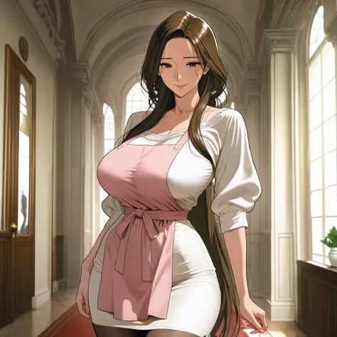 ((work of art)) , ((( perfect ))), Alone,  A woman, long dark brown hair, very long hair, fringe, Madura, milf, housewife, pink apron and white dress, Perfect Anatomy, detailed face, very big boobs,  thin waist, wide hip, mansion background, ((apenas  A wo...