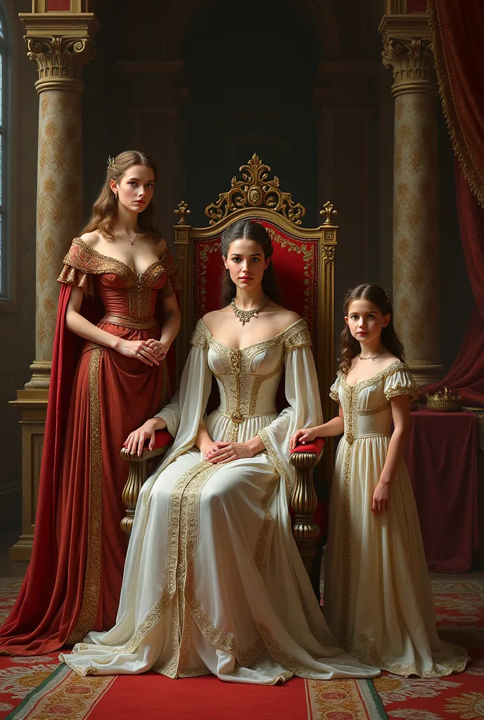 kingdom. queen woman, heiress is a girl and also an heiress., the queen is sitting, the older heiress is standing and the girl is standing next to her