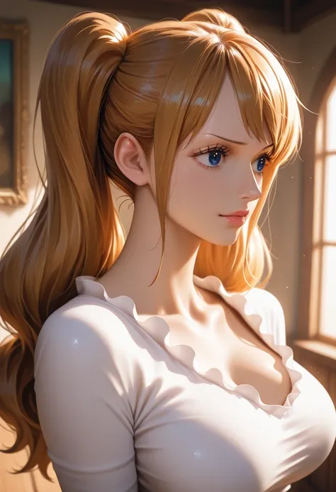 masterpiece, best quality, vibrant, very aesthetic, high contrast, photorealistic portrait,beautiful detailed face,detailed texture,detailed skin, newest,BREAK 1girl,one piece,source_one piece,charlotte pudding,brown twin tails,shirt,room,realistic lightin...