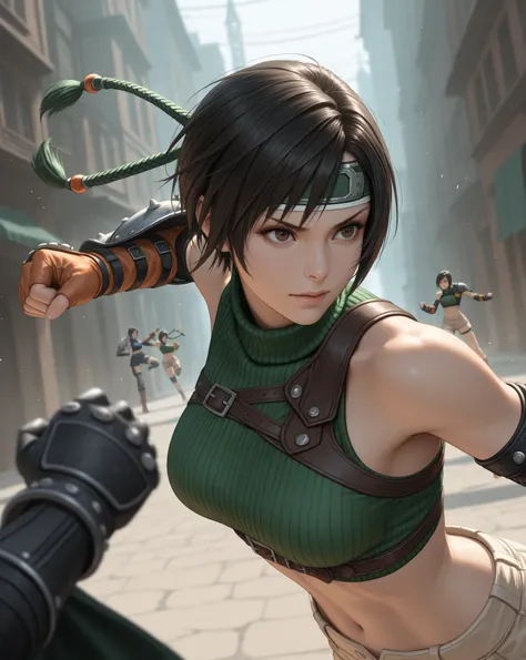 Yuffie, FINAL FANTASY VII REMAKE, dynamic movement reflecting the outdoor ocean,  intermediate shot, medium depth of field, rule of thirds, fight, dynamic movement reflecting the outdoor ocean, detailed eyes,  black hair,
masterpiece, 最high quality, Hi-Res...