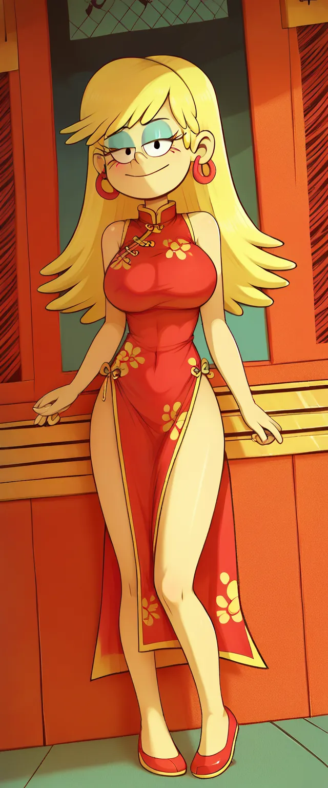 safe_pos, score_9, score_8_up, score_7_up BREAK blonde hair, long hair, earrings, blue eyeshadow, leni loud, the loud house, BREAK large breasts, BREAK looking at you, cheongsam, inside of a chinese temple, full body view, standing