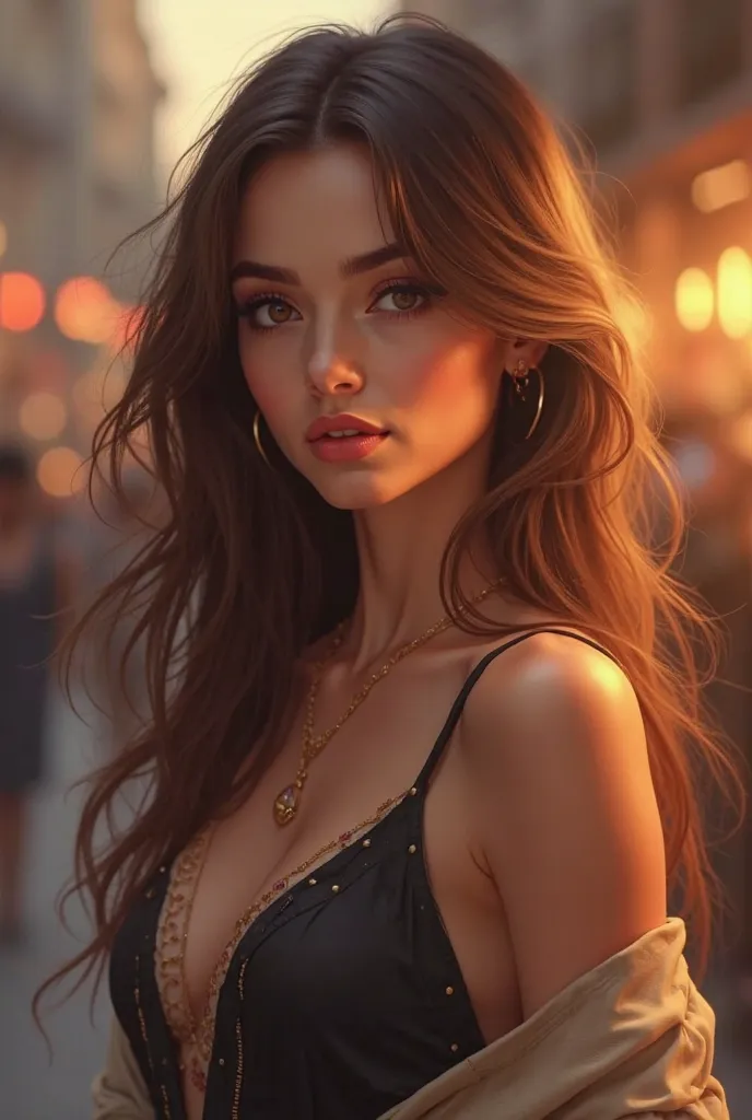 "A highly detailed digital painting of a beautiful woman with elegant features, wearing a stylish outfit. Her hair flows naturally, and her eyes have a captivating look. The background is softly blurred with warm lighting, creating a cinematic and artistic...