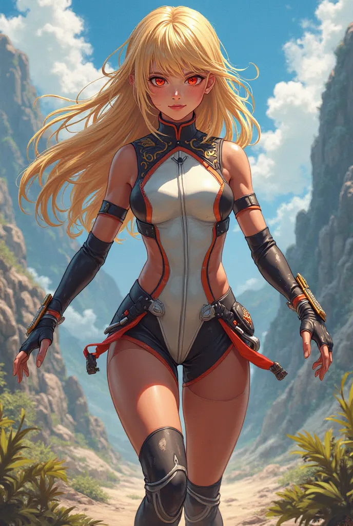 Anime blonde girl red eyes wearing tight adventure outfits 