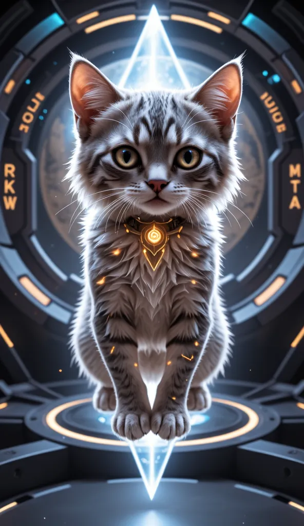 A majestic and ancient cosmic kitten, embodying the essence of Zordon. The kitten’s fur shimmers with a galaxy-like pattern in hues of silver, deep blue, and gold, with faint glowing constellations across its body. Its large, wise eyes glow softly with gol...