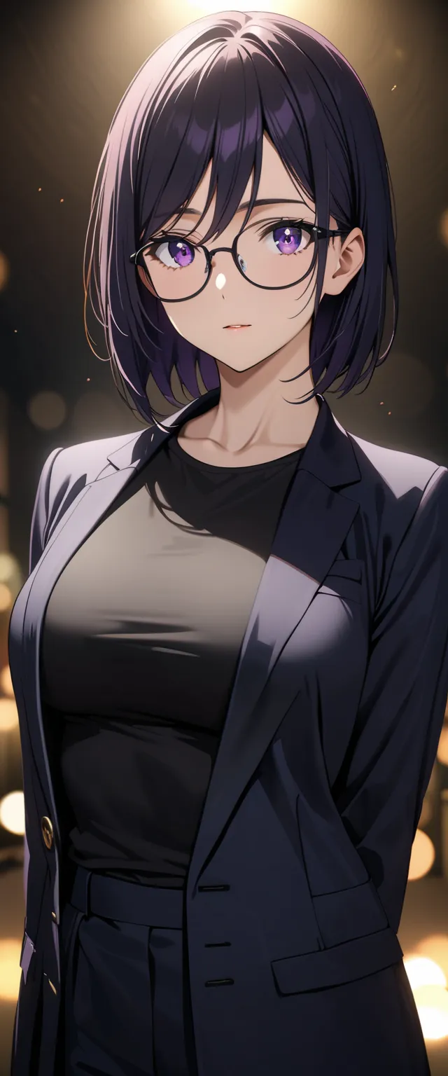 Hizuru Minakata, black hair, purple eyes, perfect facial symmetry, breasts, wearing a black jacket, black tank top, black trousers, suit, glasses, black rim glasses, high quality, high resolution, masterpiece, very detailed, intricate details, cinematic li...