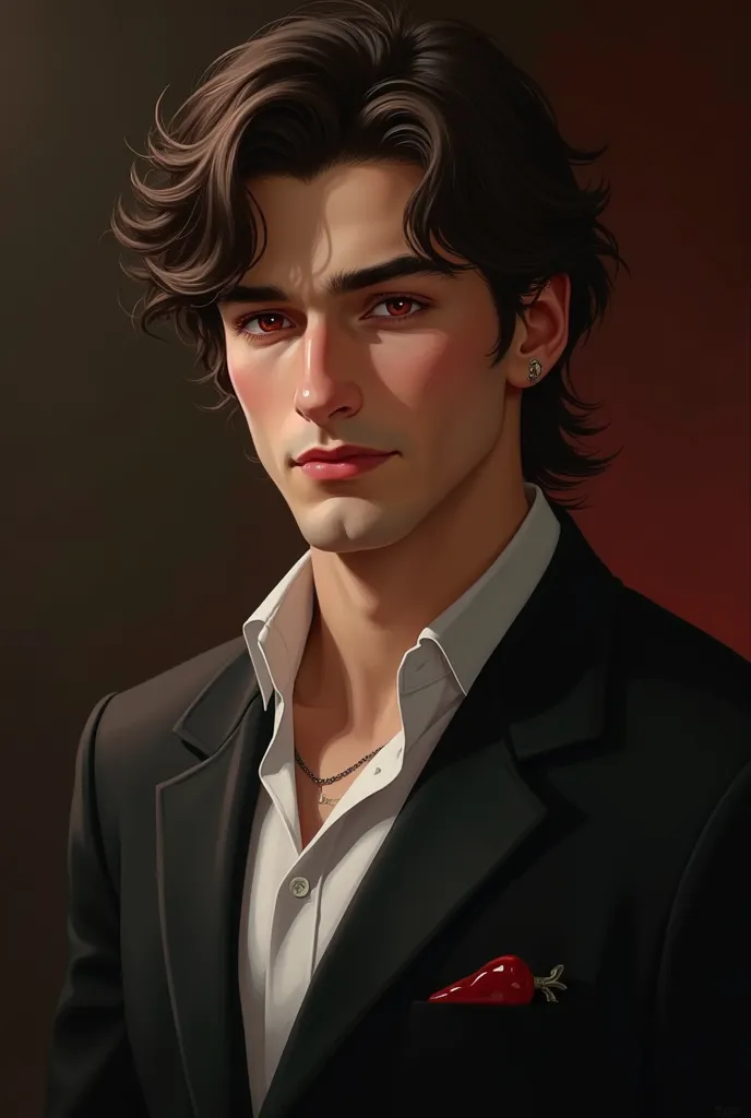 Generate a handsome guy who has blood red eyes nice eyelashes and eyebrows is a dirty brunette and has nice hair. He looks and dresses sophisticated. He has a sharp jawline and and I'd a vampire and also one of is fangs should have a Ruby fixed on it