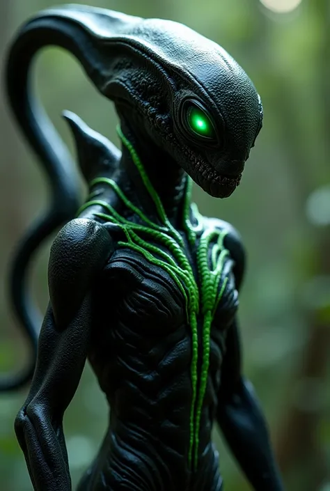 Genterate picture of perfect organism i want it to look like mix  bwteen perfect cell meruem and xenamorph  black humanoid reptilian alien whit black/dark green colors whit glowing eyes like a predator