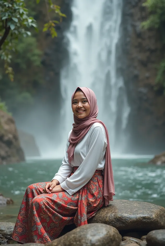 masterpiece),(best quality), a beautiful woman wearing a hijab, white shirt and batik sarong bottoms. sitting on the rocks, flowing water, waterfall, full body, 8k, RAW, High quality, Ultra HD, details.  Facing the camera . smile  