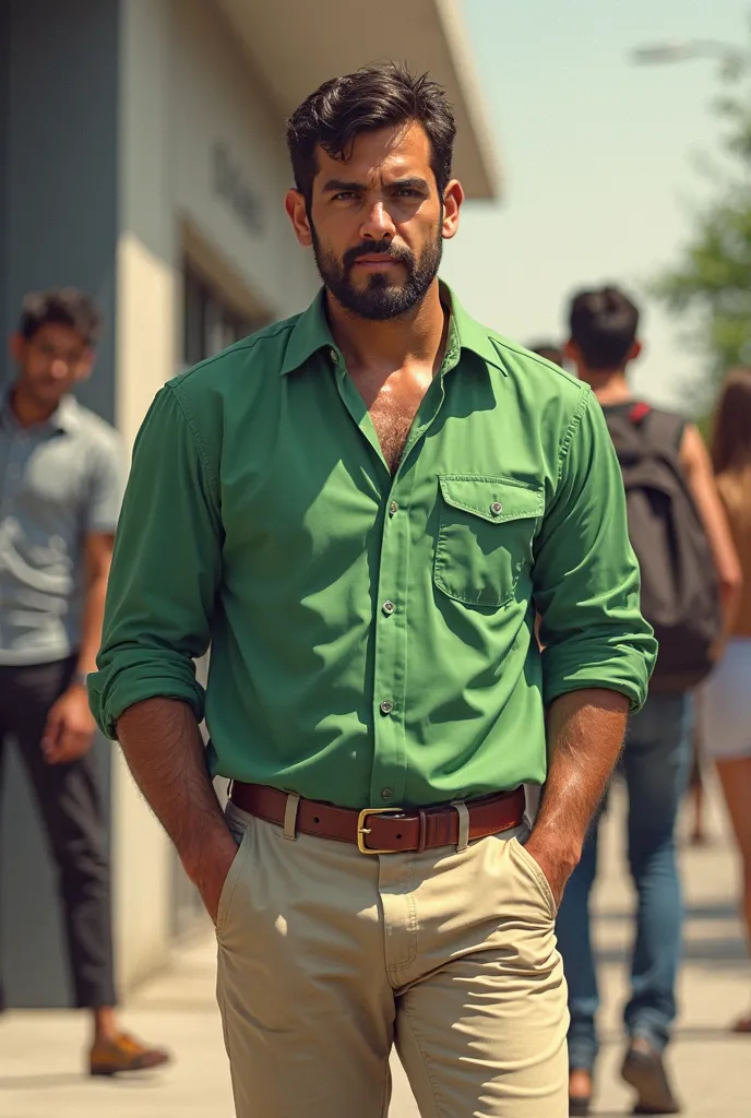 Busy man in a green shirt and beige pants standing in front of a building,  an image of Byron Galvez , Instagram,  realism, Joseph Moncada, Caio Santos, Joel Torres, daniel mirante,  christian orrillo , andres rios, André Gonzalez, cam de leon,  Brian Puli...