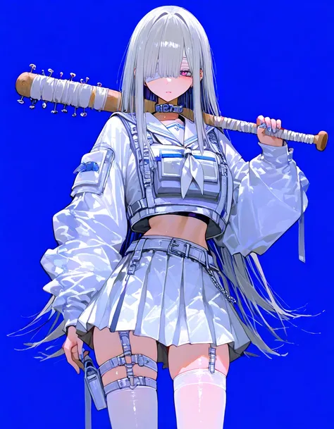   masterpiece、最  high quality 、  high quality 、  very aesthetic、  absurd、    latest、   girls on the left、  gray hair、  long hair、bandage、目にbandage、Shiny white sailor suit  、miniskirt、  machine armor 、stockings、garter belt、 small breasts 、 nail bat、 片手に nai...