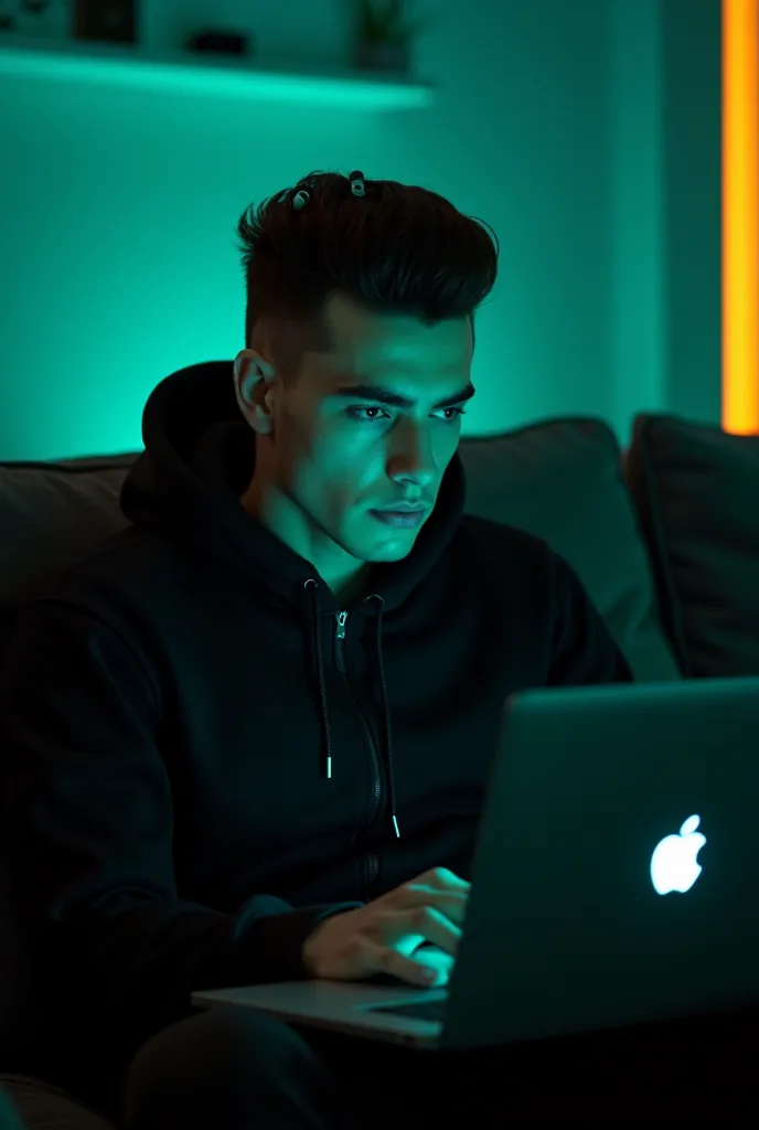 A modern, cinematic ultra-realistic grainy Instagram-style photograph of a late 20s man with a haircut inspired by Young Elvis Presley pomapdour in the 50's. He is sitting on a dark, modern couch, leaning slightly forward, focused on his sleek laptop with ...