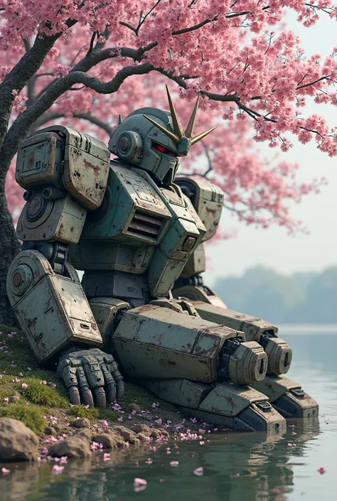 A gundam after a period of fighting has suffered a lot of damage and is sitting against a cherry tree and in front of it is the shore of a lake