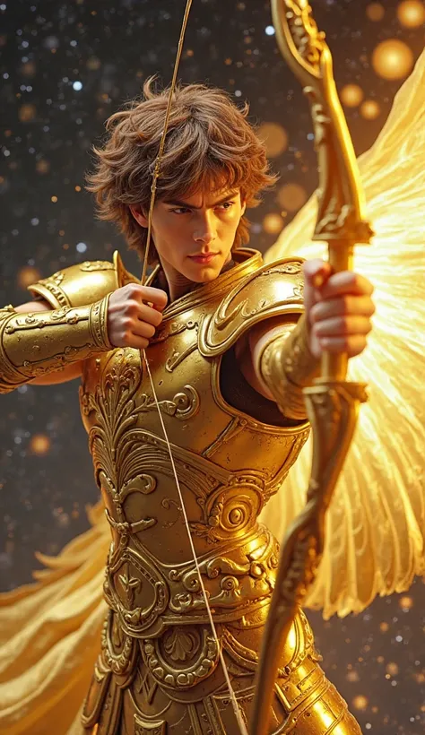 Seiya of Pegasus in an ultra realistic style, como se fosse um live action. He wears the Golden Armor of Sagittarius, richly detailed with mythological ornaments and an imposing design. Seiya is in deep space, surrounded by distant galaxies and stars, in a...