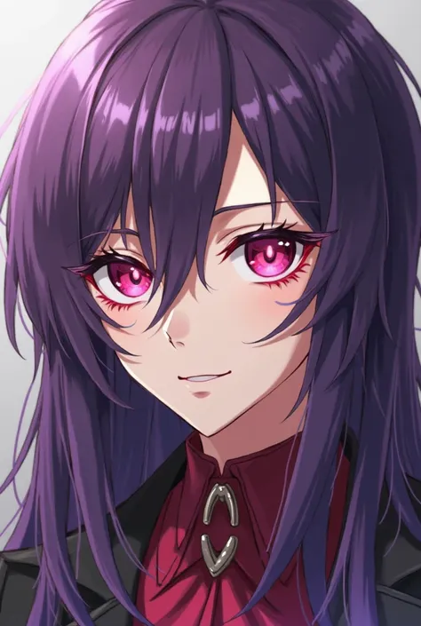 An Anime male not female, Purple, Long, Styled hair with Red crimson eyes And beautiful Magenta eyes with a red dark, eyeliner, and very long eyelashes with a strong Jawline looking very handsome and a cross-shaped mark on the left side of his forehead and...