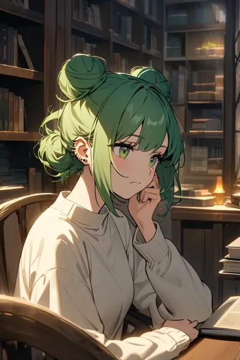  clear , green hair, two bun hair ,Big Breasts, neutral,  The gesture of scratching an ear, books,chair,jagged piercings、profile