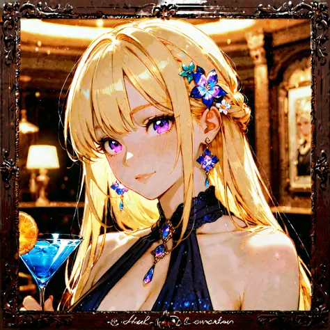 1girl, long blonde hair, hair inbetween eyes, cute, detailed eyes, purple eyes, facing viewer, sexy, welcome to Enigma, holding a cocktail, formal attire, black and gold dress, High Resolution, Masterpiece, Accurate, Anatomically Correct, Best Quality, Det...