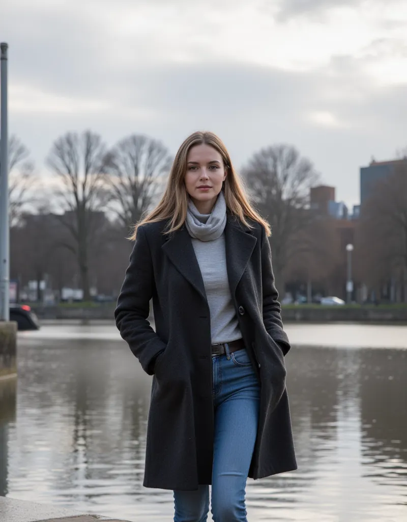 Mid-range shot of Eden, a 23-year-old model from Hamburg, walking along the Alster on a typical, cool March day.  She wears long , dark gray wool coat, a light scarf and comfortable jeans. Your hands are loosely stuck in your pockets, while your breath is ...