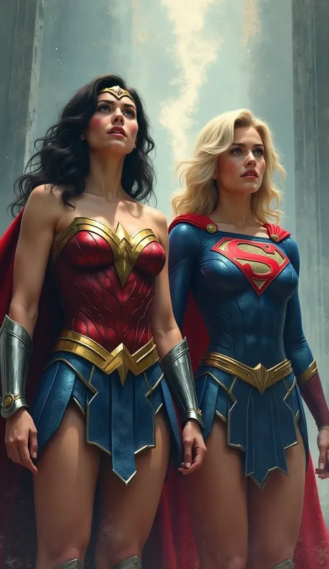 wonder woman and super girl ask for help, with their hands praying