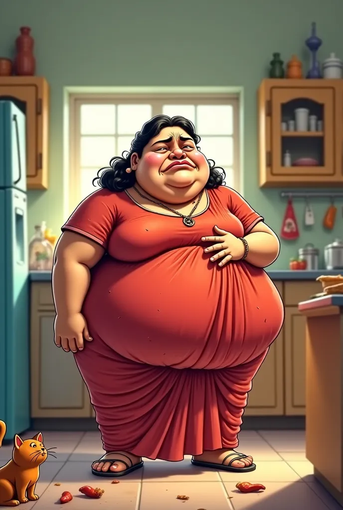 Indian fat lady crying in kitchen in cartoon theme 