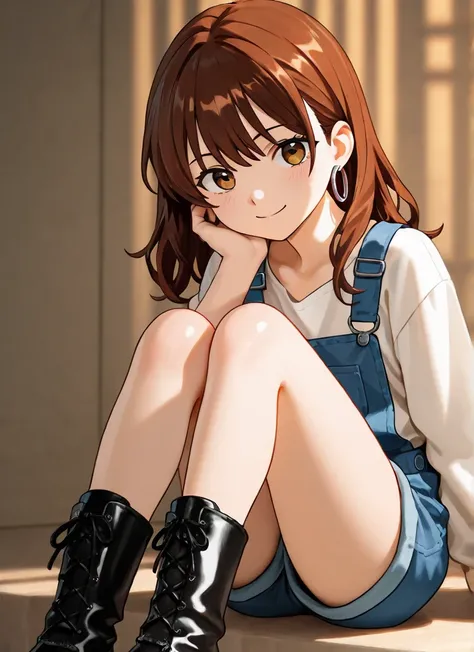 earrings、Short boots、Poses in a cool way、 is sitting、Hand in ear