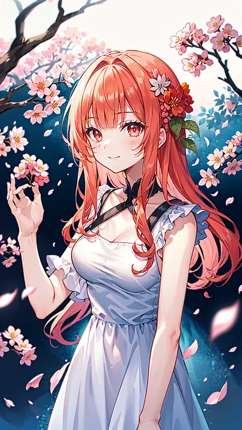 1 girl, Alone, long hair, looking towards the viewer, smile, bangs, cherry blossom solid color background, hair ornaments close to the garden,  dress,  orange hair， flower, hair band,  Hair Flower, blunt bangs, pink eye（perfect detail）, white  dress,  peta...