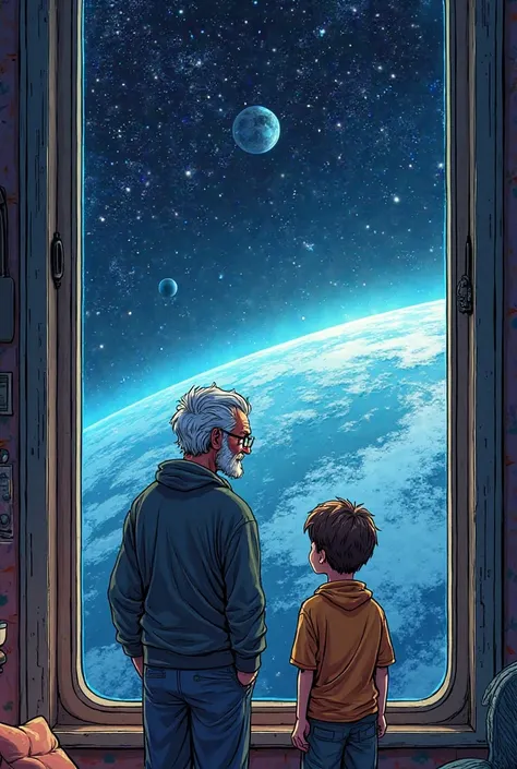 Tuesday 2300 window with views of the earth grandfather and grandson comic drawing