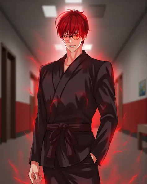 1Nice looking man, short red hair, brown eyes, wearing glasses, good figure, tall, wearing school uniform, cool face, school background, hidden red aura light, red eye aura, high definition, depth of field, best quality,  Standing in a karate-style combat ...