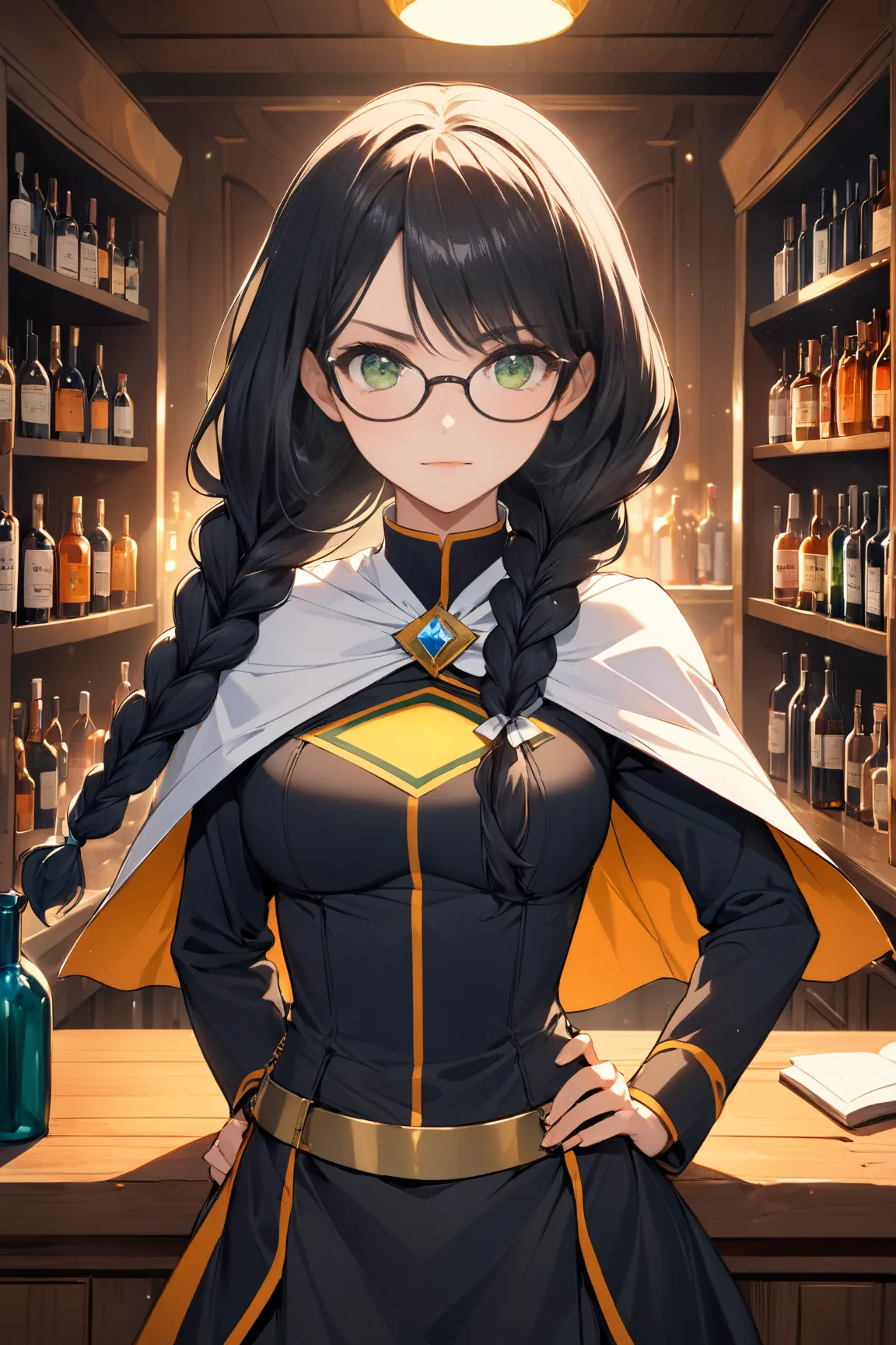 

 illustration of a female heroine with long black hair and well-defined braids,  that fall on your shoulders . She wears a tight and elegant uniform, predominantly black with gray details, that highlight the muscular contours and the silhouette Atlético....