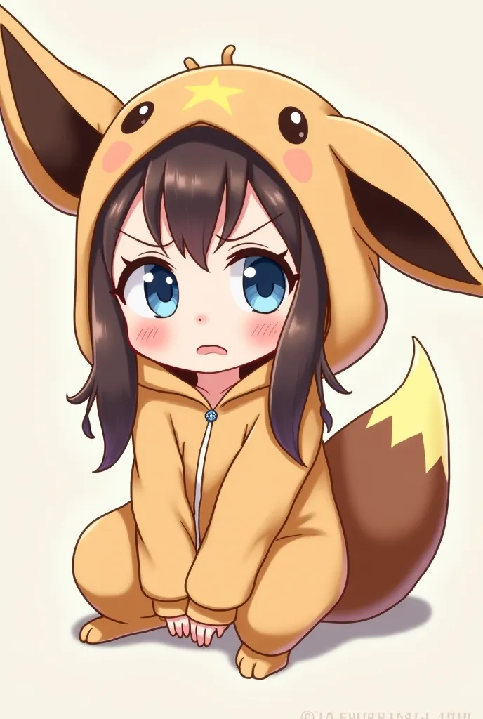 Chibi anime girl that looks annoyed with long dark brown hair and blue eyes in a eevee onesie