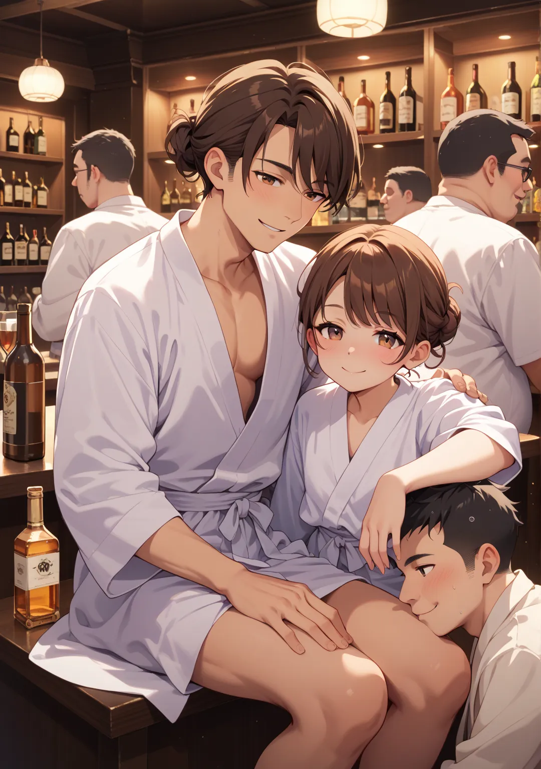 Gangbang,nsfw,fat old man,bar counter,1 girl,low bun,brown hair,brown eye,short hair,swept bangs, expressionless, her eyelids heavy,sit,Alcohol,white bathrobe,night,,,nsfw,fat middle age men, drunk, hand on another’s thigh,Smile