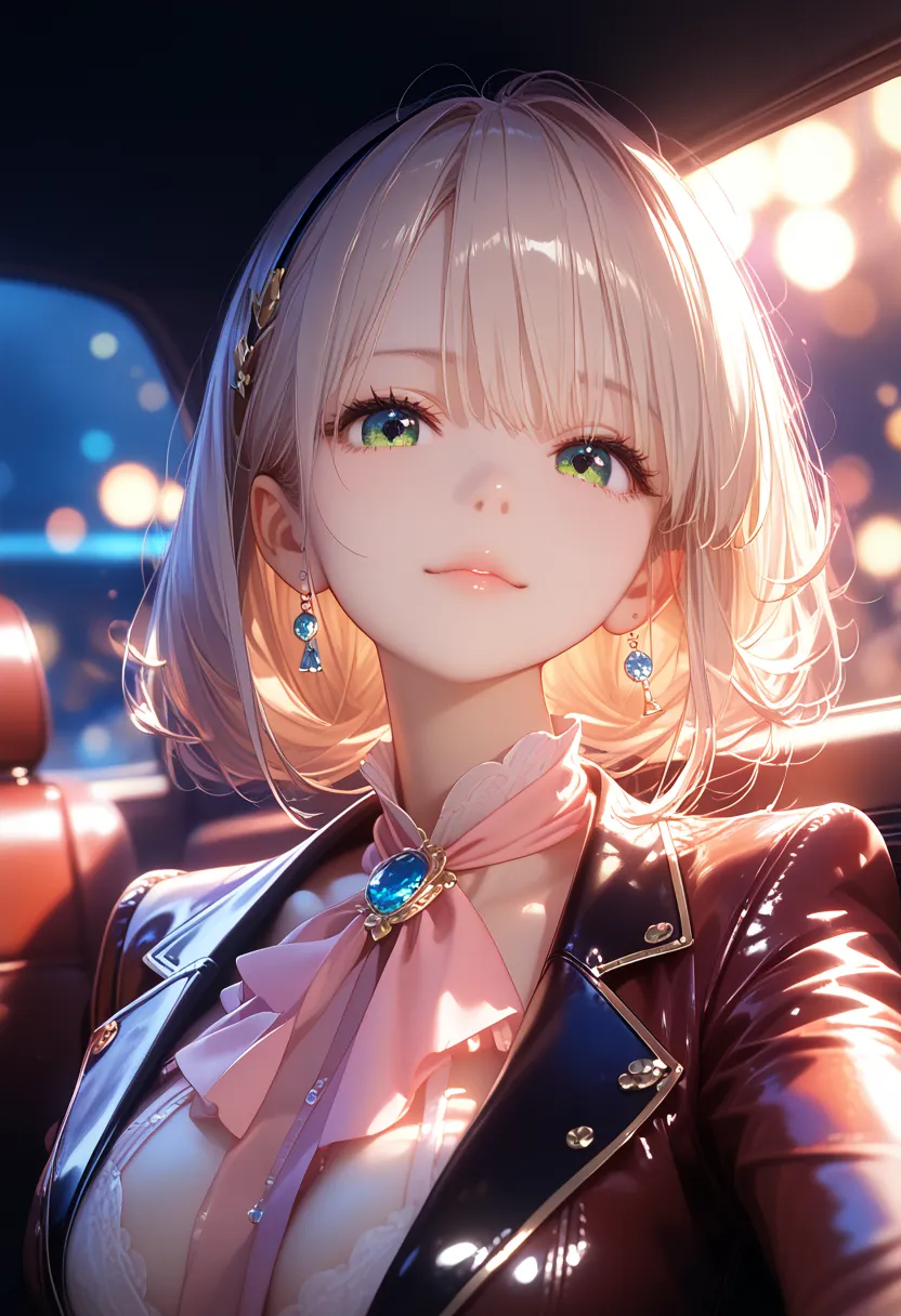  Anime Girl,  wearing a velvet suit ,   Beautiful Poses  ,  Sexy and Comfortable Look,  Ideal Anatomy ,  flirting, Background Sitting on a leather car seat, Small details, Leather Interior Window Slightly Open, masterpiece, Full details, bright color, Deta...