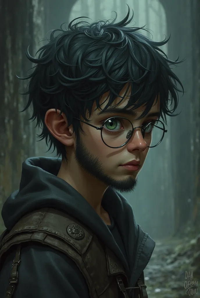 Boy with short black hair brush, round glasses , Green-eyed Unkempt Beard , stile Dark Souls