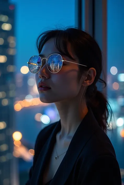 Chinese American，Taiwanese，She wears glass sunglasses，The lens has stars and the moon in her high-rise apartment in the Marina Bay Central Tower，Overlooking the night view of Marina Bay through floor-to-ceiling windows