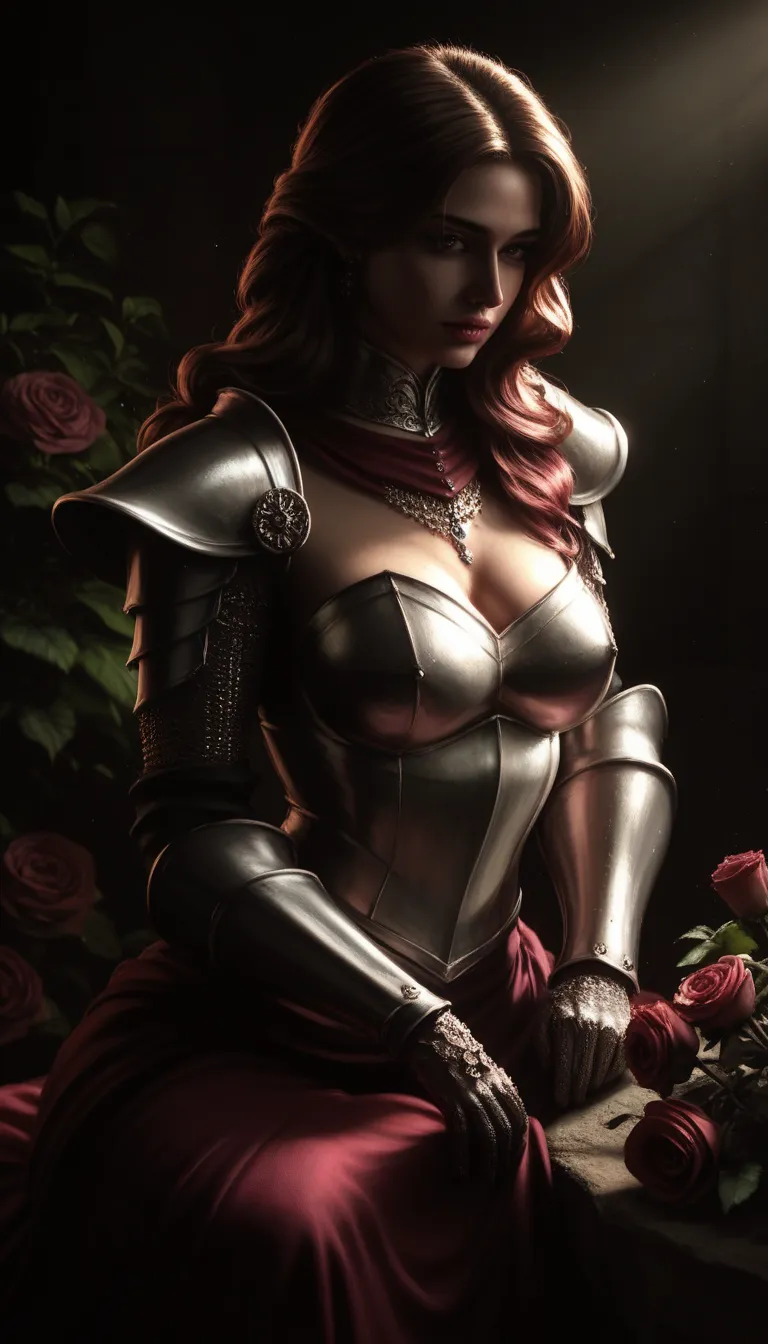 female knight, beautiful face, sitting on a stone, rose meadow background, oil painting, detailed portrait of a female knight with a strong yet gentle expression, wearing ornate armor and sitting on a weathered stone in a lush rose meadow, light filtering ...