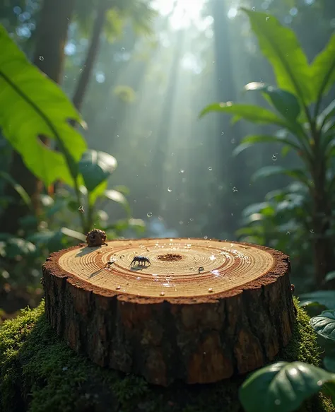 A hyper-realistic photograph of a freshly cut tree trunk resting on a moss-covered rock, centered in the frame. The camera is tilted slightly to emphasize the wet wood texture and natural cracks in the bark. The scene is set in a dense tropical forest with...