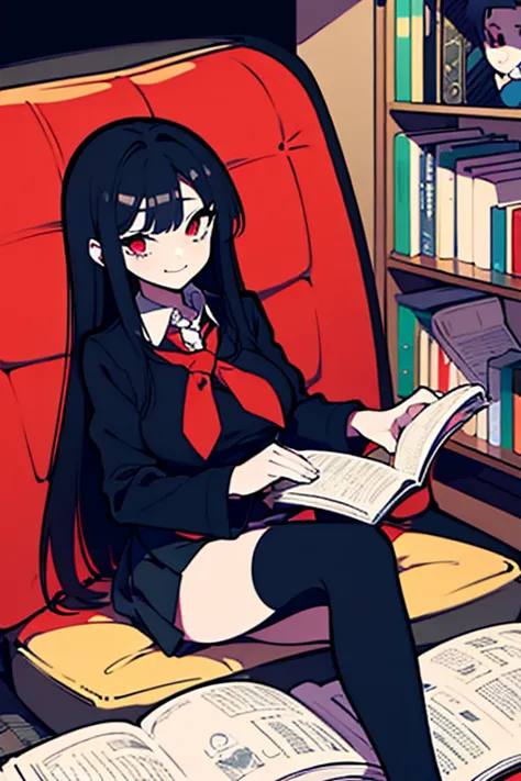 A woman with long black hair, messy hair, red eyes, large breasts, wearing a black long-sleeved shirt, a black school skirt, and long socks, is sitting and reading a color book, smiling slightly.