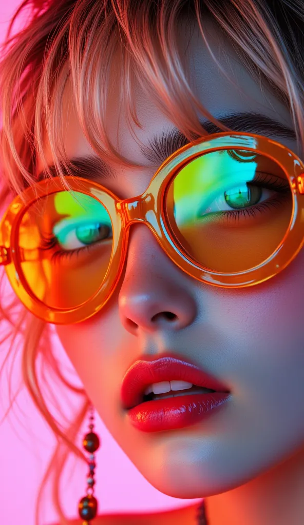  8,000,  masterpiece,  of the highest quality,  full of energy , Oversized Orange Sunglasses, reflective lens, Bright pink lipstick,  curly blond hair , Neon Colors, Electric Blue Reflections, Vintage 80s Style,  Dramatic Lighting , high contrast, Vivid ma...