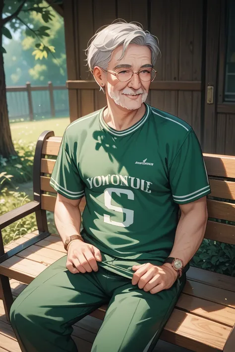 Please draw an old man with short hair and a green jersey