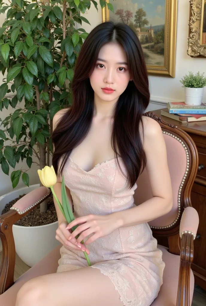 a woman sitting on a chair with elegant style. She wore a light pink lace dress and held a light yellow tulip in her hand. The background has many green trees and wall paintings, creating a gentle, sophisticated space. The exterior and interior have a clas...