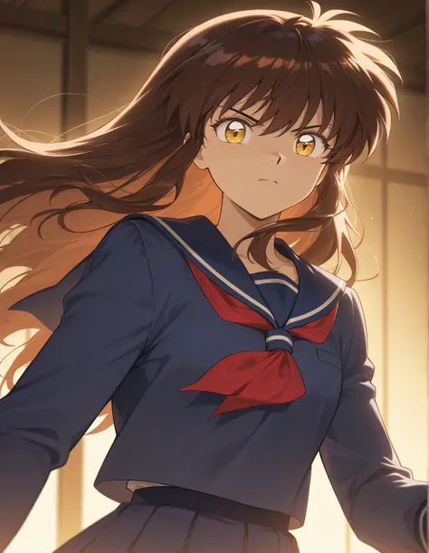 A  girl that is a sixth grade primary school student. She has long wavy brown hair with shiny golden eyes with blue dress uniform. She is serious. Kind. Inuyasha character art style. 